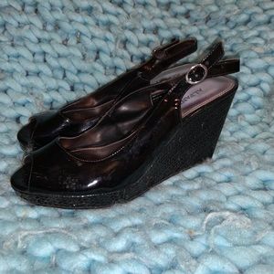 Black patent leather wedges